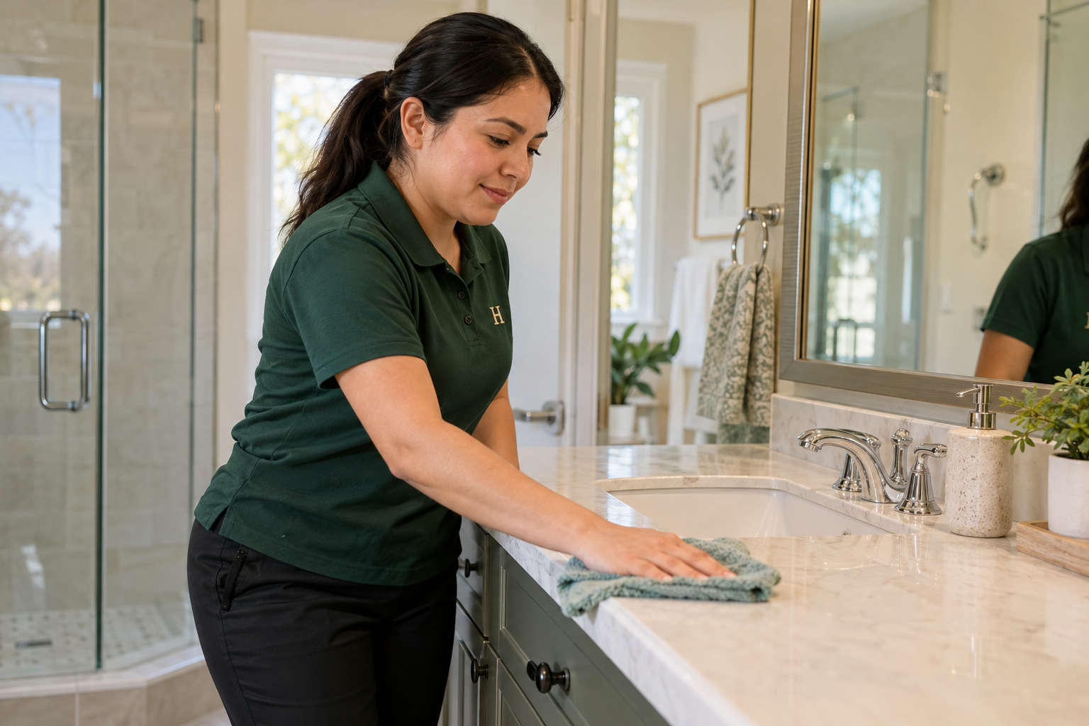 A woman wiping a bathroom vanity in a green H polo