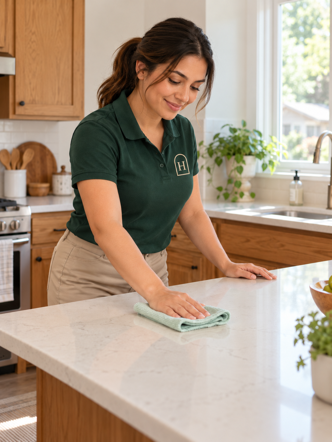 A cleaner wearing the Hernandez H monogram and wiping a kitchen counter