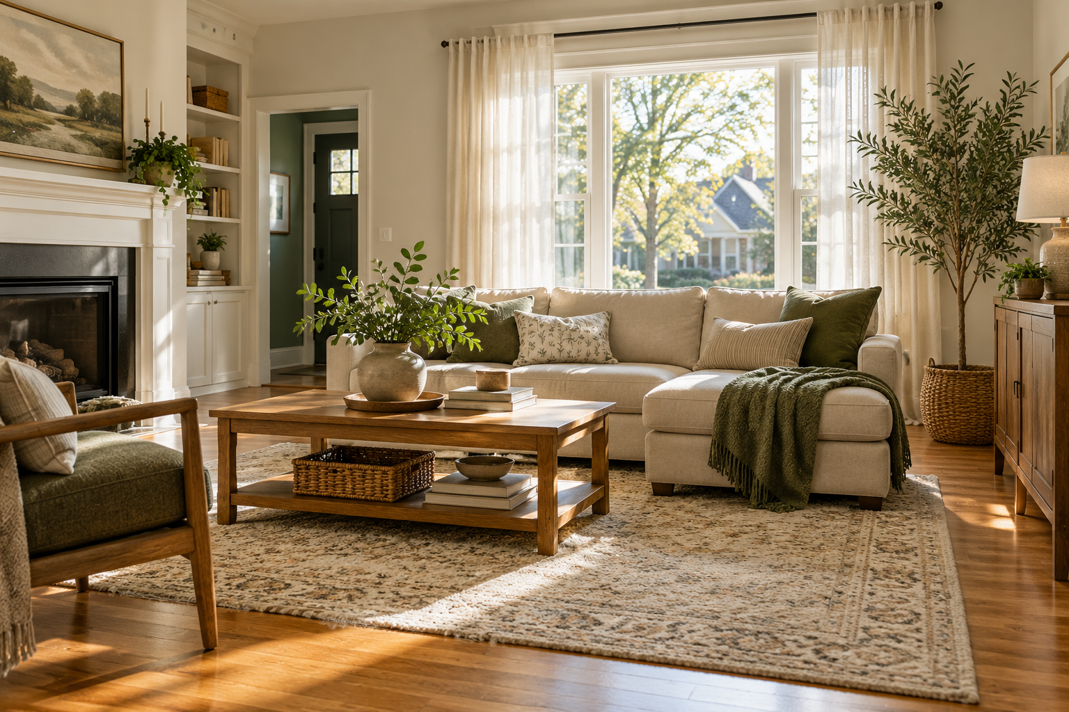 A fresh, sunlit living room with cream furnishings and green accents