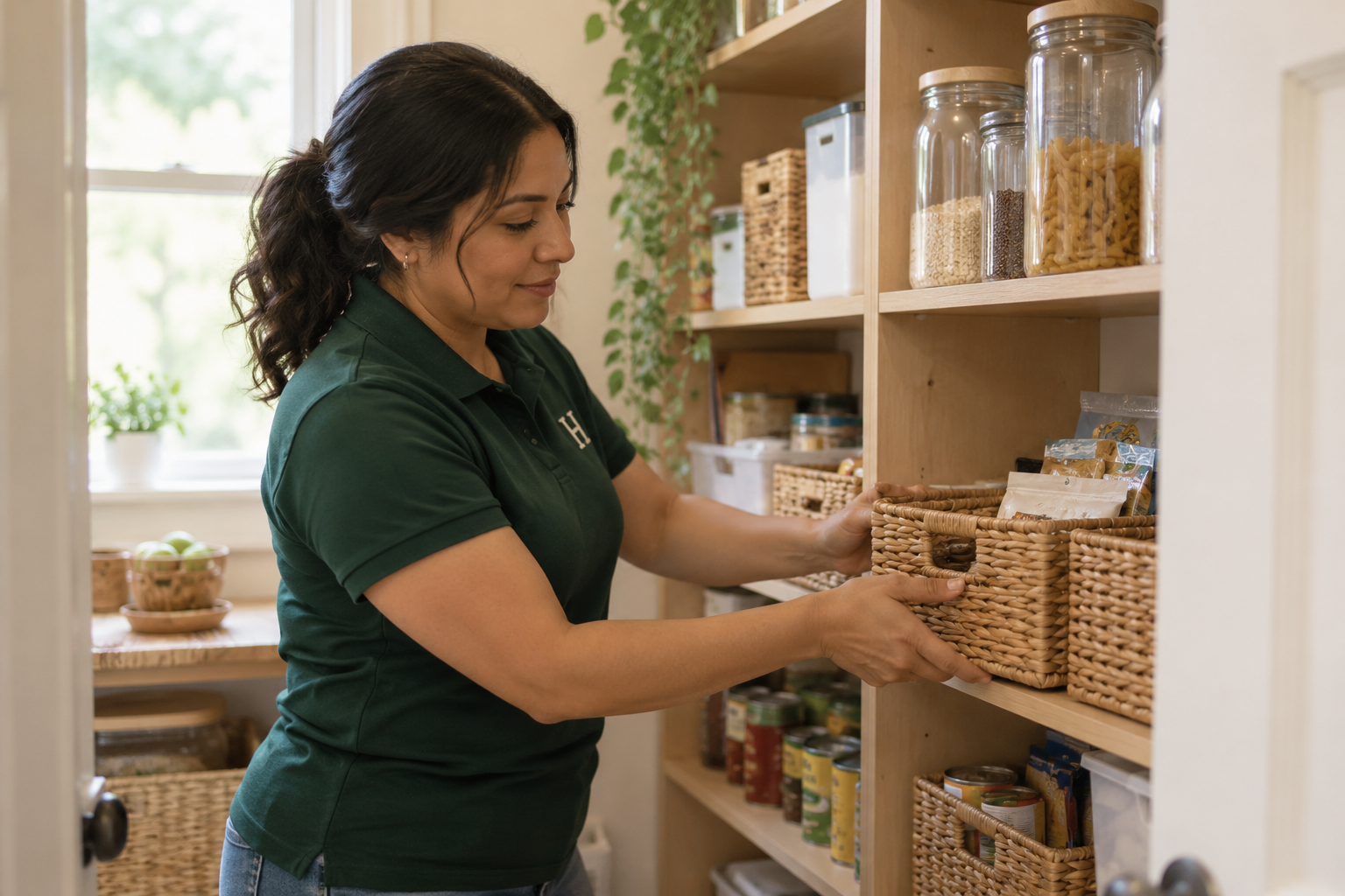 A woman arranging baskets and food containers in a pantry